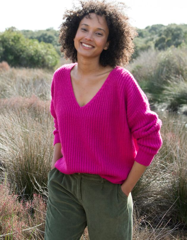 Pull col V volume loose, maille anglaise toucher mohair (rose fuchsia)