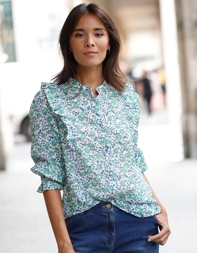 Blouse boutonnée imprimé minimaliste (écru / vert)