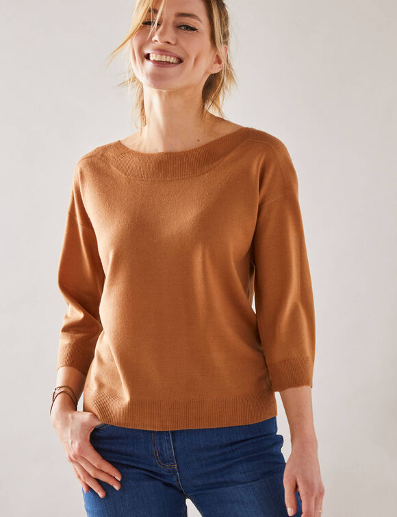 Pull col bateau manches 3/4, toucher doux (noisette)