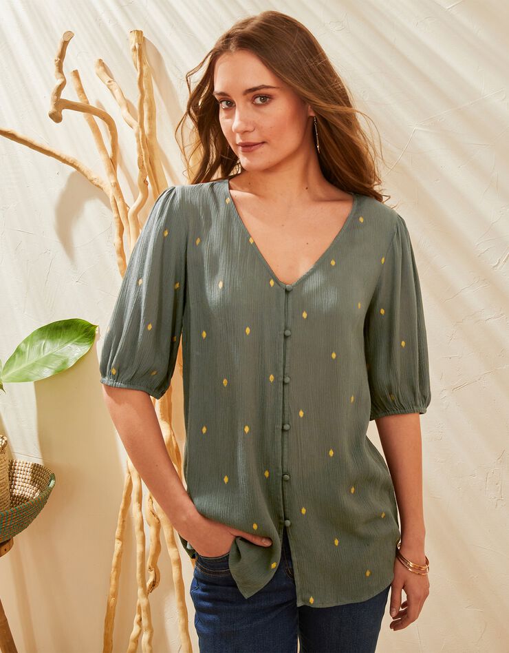 Blouse imprimé doré, crépon (kaki / doré) Blouse imprimé doré, crépon (kaki / doré)