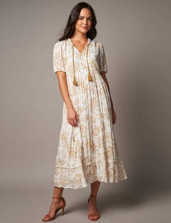 Robe longue volant&eacute;e imprim&eacute;e (blanc / caramel)