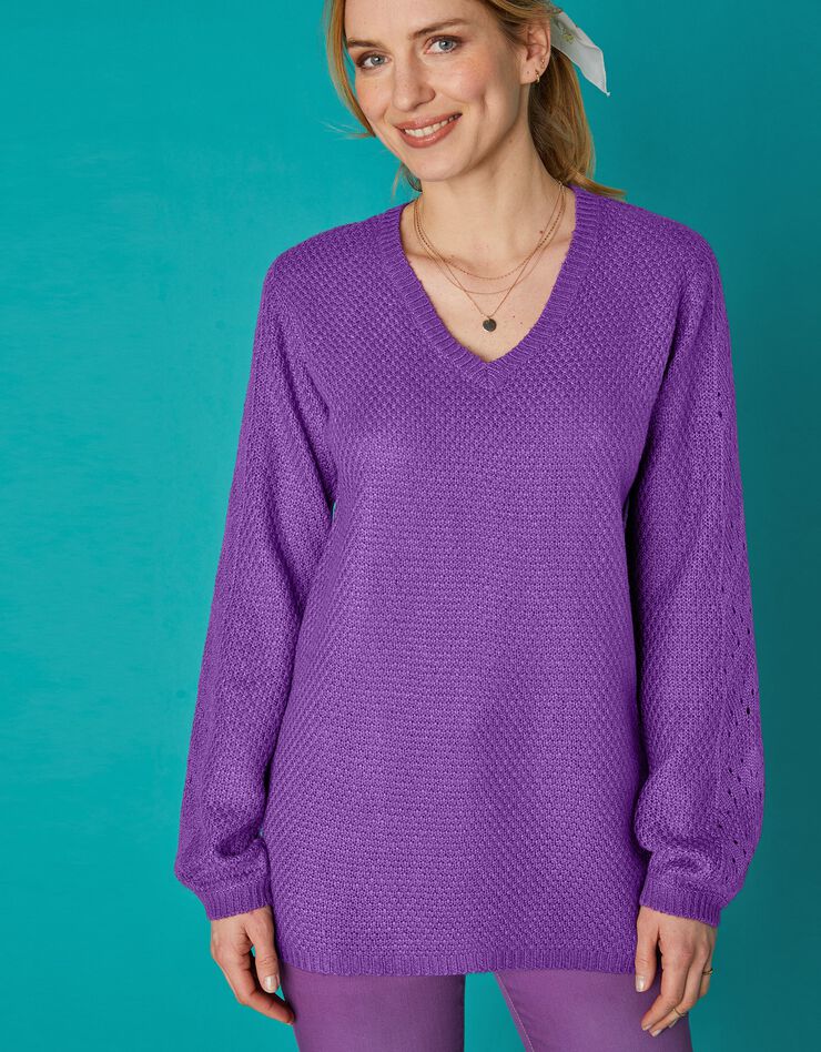Pull tunique col V maille ajourée toucher mohair (violine) Pull tunique col V maille ajourée toucher mohair (violine)