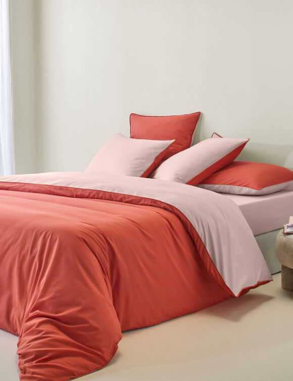Linge de lit uni bicolore - coton 57 fils/cm&sup2; (potiron / rose poudr&eacute;)