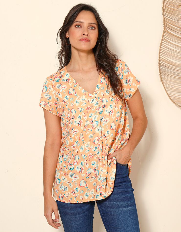 Blouse V manches courtes, crêpe imprimé fleuri (mangue) Blouse V manches courtes, crêpe imprimé fleuri (mangue)