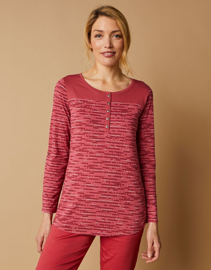 Tee-shirt col tunisien imprimé chiné (cerise chiné) Tee-shirt col tunisien imprimé chiné (cerise chiné)