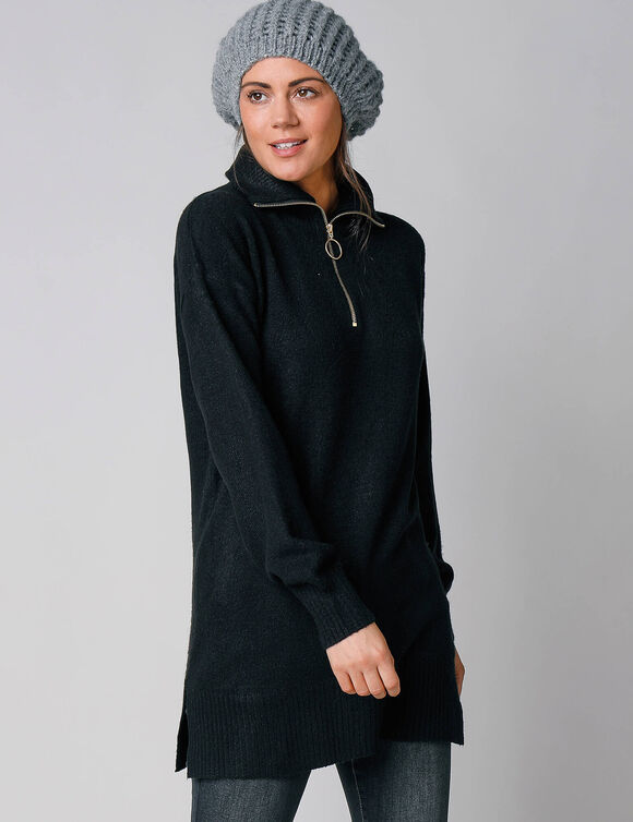 Pull tunique col camionneur zippé (noir)