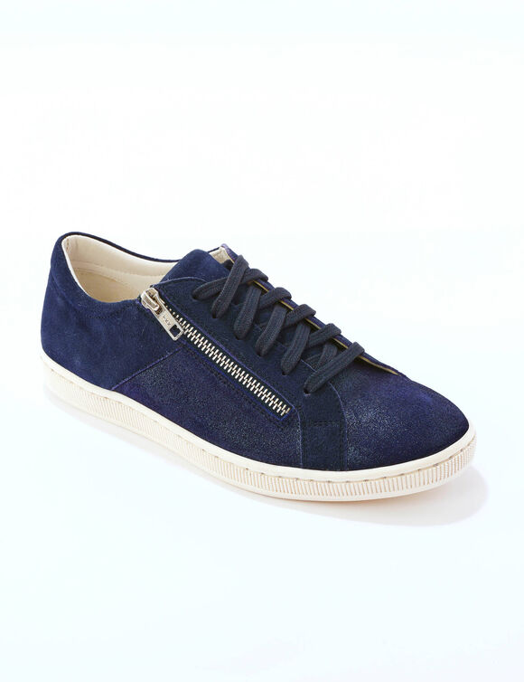 Basket basse zipp&eacute;e en cuir souple effet iris&eacute; (marine)