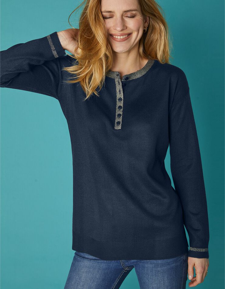 Pull col tunisien toucher cachemire détails brillants (marine) Pull col tunisien toucher cachemire détails brillants (marine)