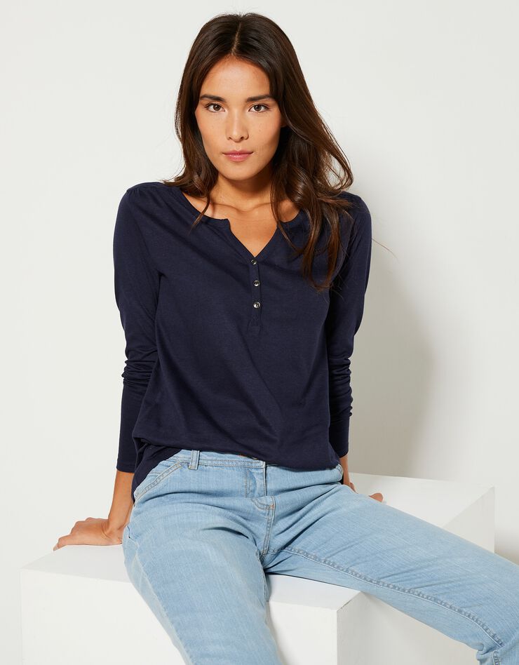 Tee-shirt col tunisien manches longues, uni (marine) Tee-shirt col tunisien manches longues, uni (marine)