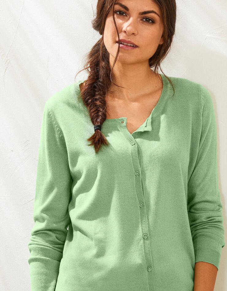 Cardigan boutonné col rond uni toucher cachemire (vert clair) Cardigan boutonné col rond uni toucher cachemire (vert clair)