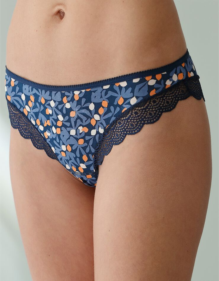 Culotte forme tanga en coton imprimé et dentelle - lot de 3 (marine + bleu + orange) Culotte forme tanga en coton imprimé et dentelle - lot de 3 (marine + bleu + orange)