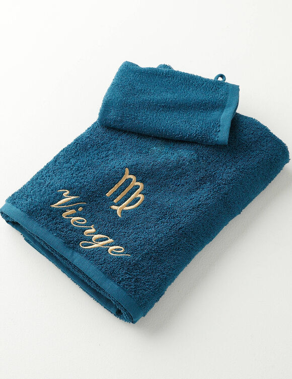 Serviettes de bain brodées  Vierge - 420g/m2 (bleu paon)