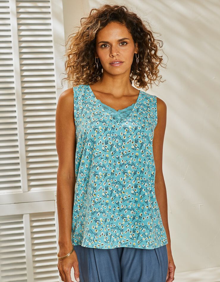 Caraco fluide dentelle imprimé fleuri (aqua) Caraco fluide dentelle imprimé fleuri (aqua)