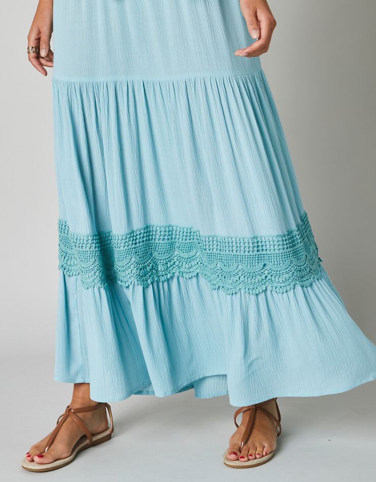 Robe longue unie manches 3/4 fendues, crépon (aqua)
