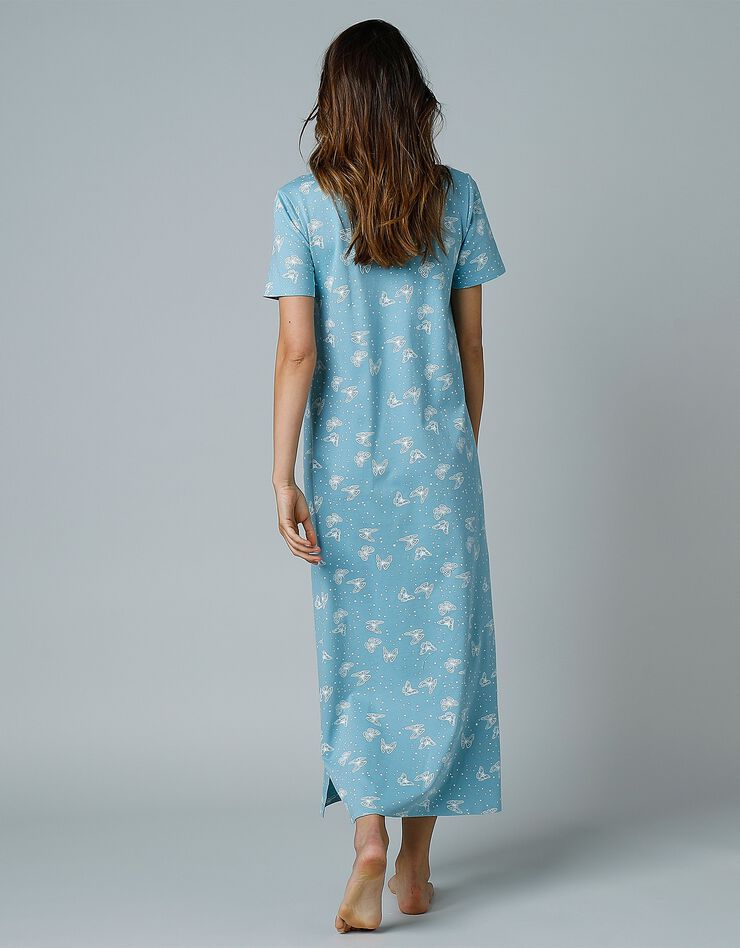 Chemise de nuit longue manches courtes imprimée "papillons" (bleu grisé)