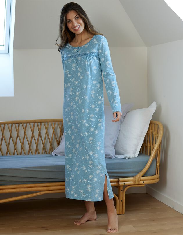 Chemise de nuit longue manches longues imprimée "papillons" (bleu grisé)