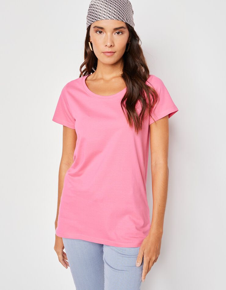 Tee-shirt col rond manches courtes uni coton (rose) Tee-shirt col rond manches courtes uni coton (rose)