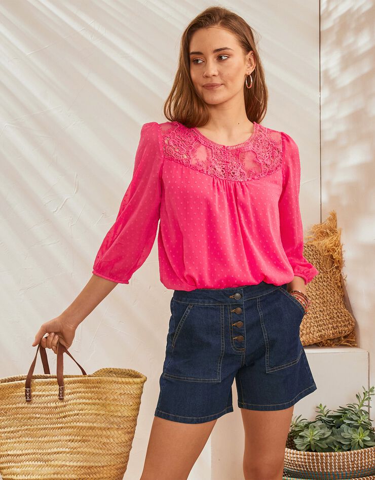 Blouse macramé unie, voile plumetis (framboise) Blouse macramé unie, voile plumetis (framboise)
