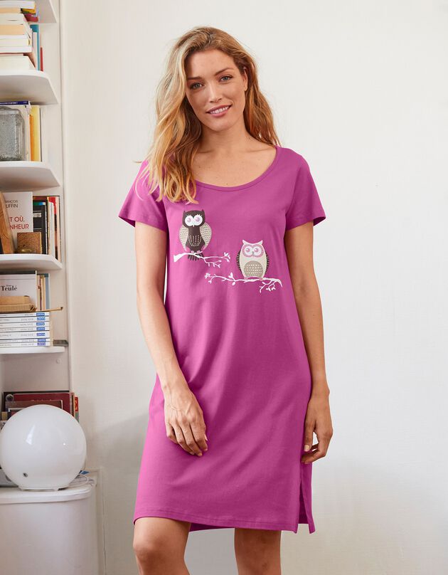 Chemise de nuit imprimé hiboux manches courtes (prune) Chemise de nuit imprimé hiboux manches courtes (prune)