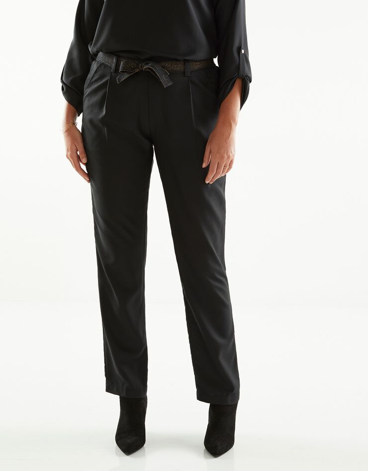 Pantalon uni crêpe fluide ceinture dorée (noir) Pantalon uni crêpe fluide ceinture dorée (noir)
