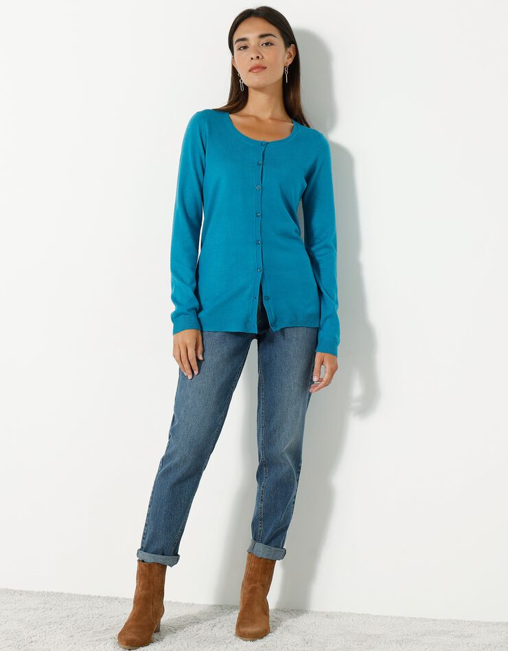 Cardigan boutonné col rond uni toucher cachemire (bleu prusse)