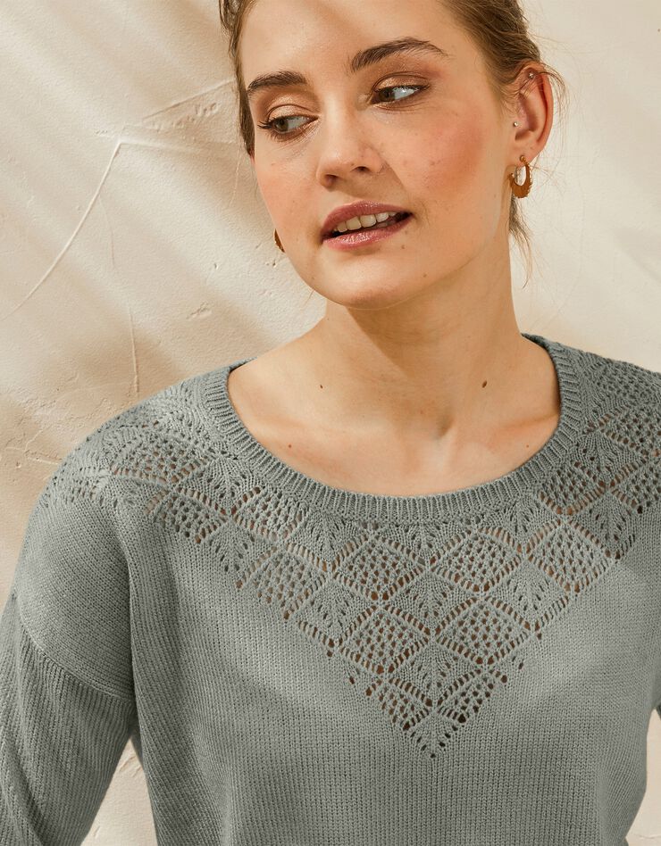 Pull col rond, maille ajourée toucher cachemire (kaki) Pull col rond, maille ajourée toucher cachemire (kaki)