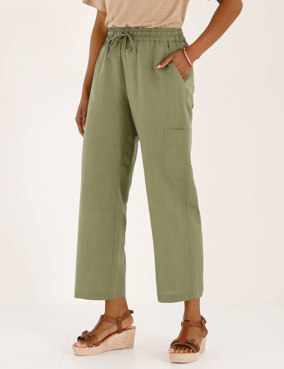 Pantacourt large &agrave; poches en coton-lin (kaki)