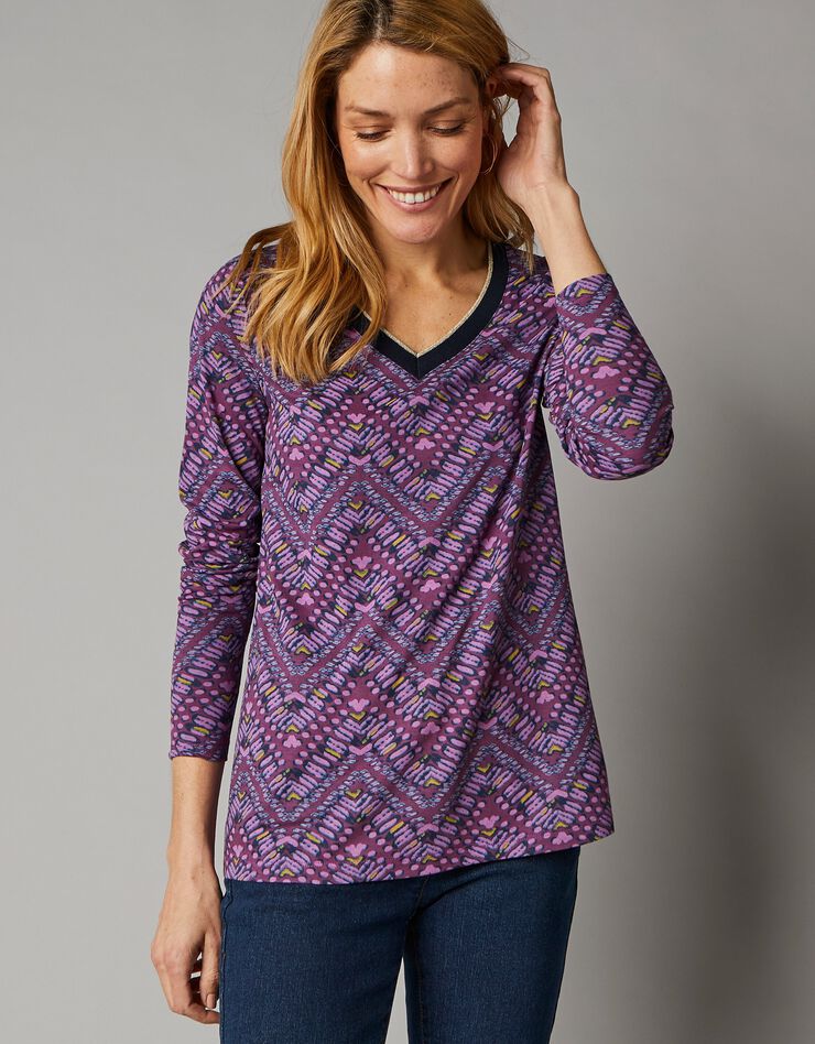 Tee-shirt col V imprimé zigzag (parme) Tee-shirt col V imprimé zigzag (parme)