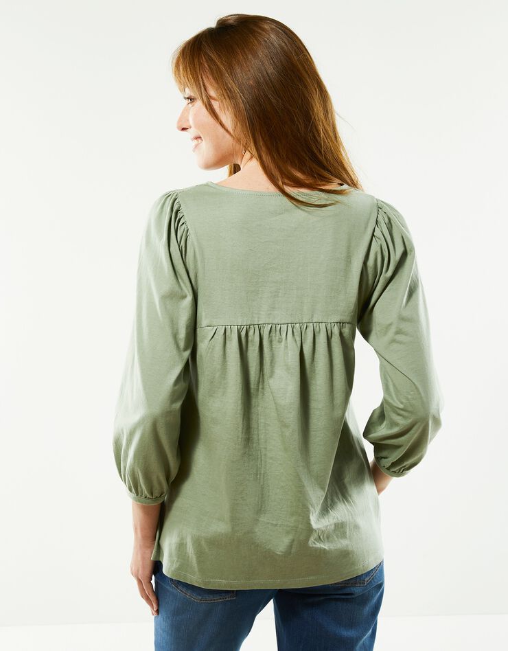 Tee-shirt manches 3/4, empiècement broderie anglaise (vert grisé) Tee-shirt manches 3/4, empiècement broderie anglaise (vert grisé)