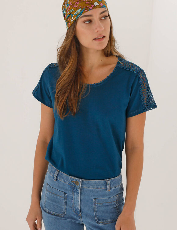 T-shirt col rond dentelle (bleu p&eacute;trole)