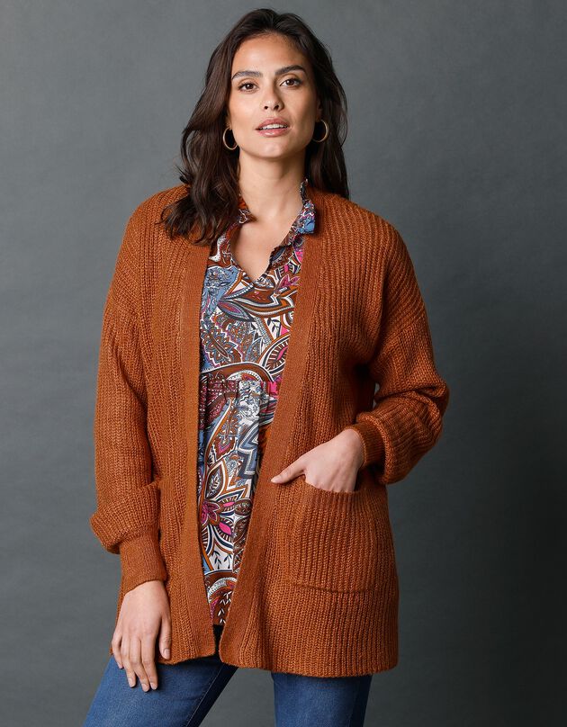 Gilet long porter ouvert, maille anglaise toucher mohair (caramel)