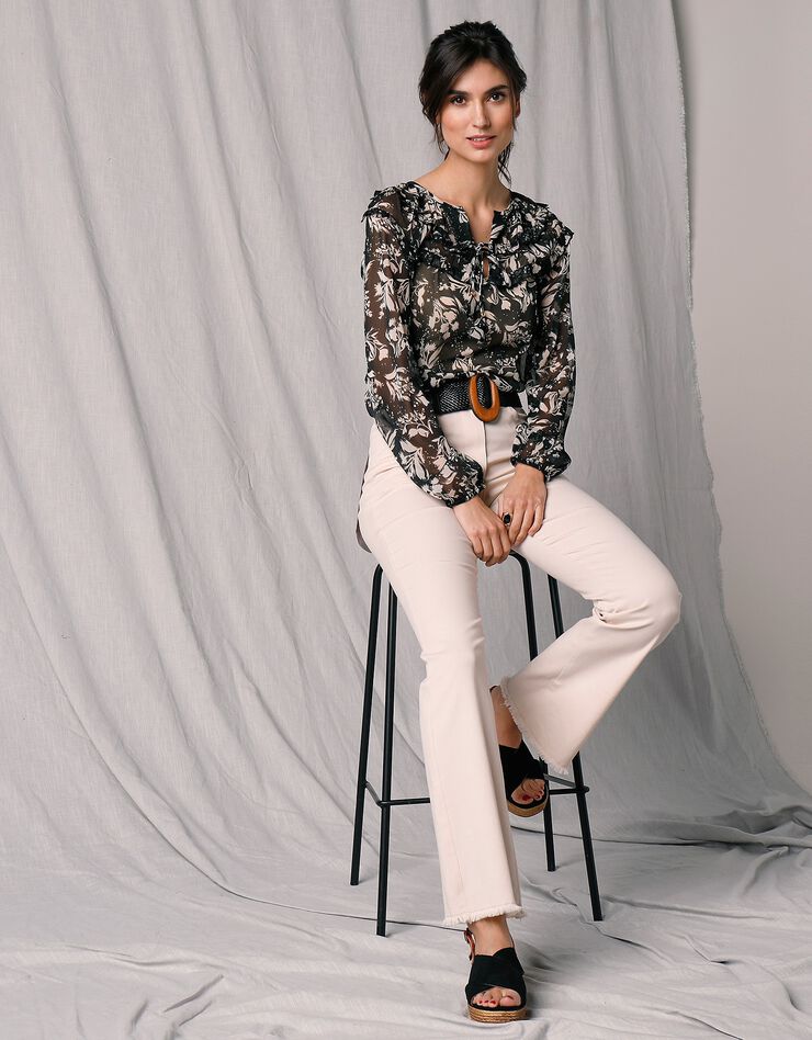 Blouse ample manches longues voile imprimé (noir / écru) Blouse ample manches longues voile imprimé (noir / écru)