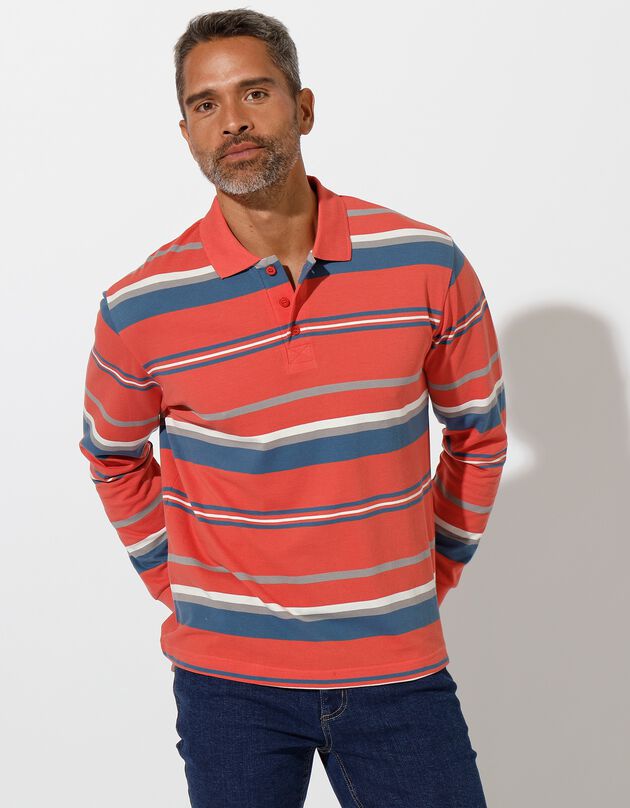 Polo maille piquée rayée, manches longues (corail)