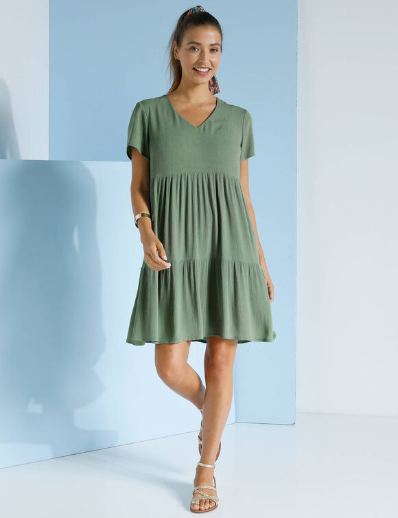 Robe col V courte unie, crépon (kaki clair)