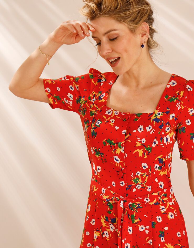 Robe col carré imprimée fleurs, crêpe (rouge / blanc) Robe col carré imprimée fleurs, crêpe (rouge / blanc)