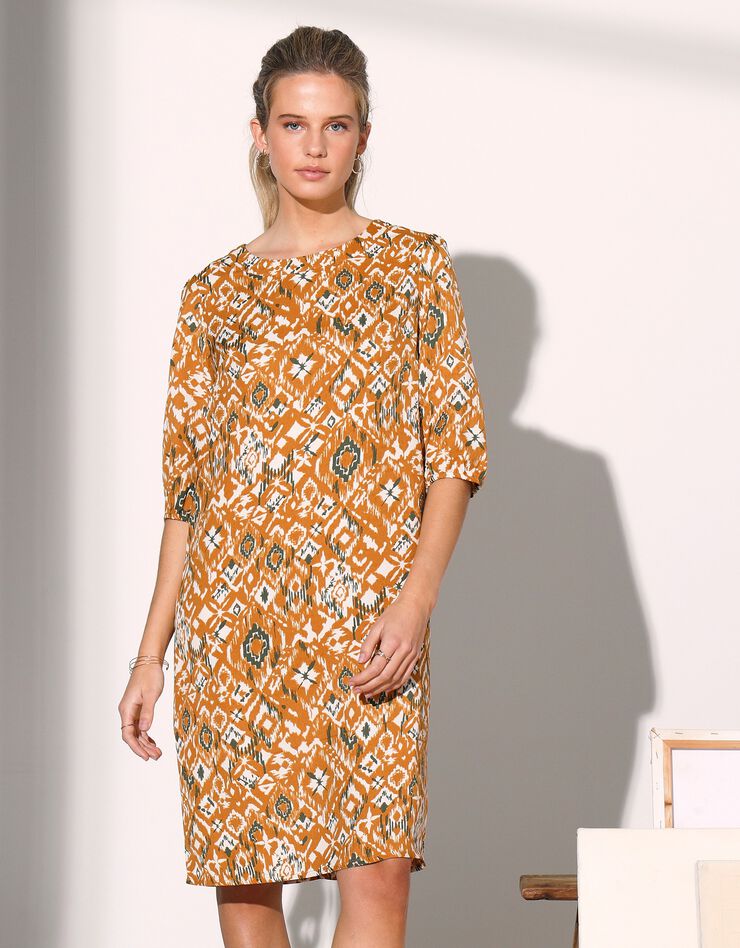 Robe housse imprimée manches coudes, crêpe (safran)