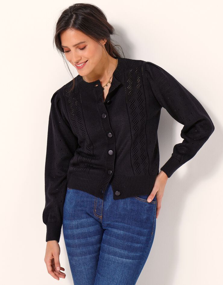 Cardigan boutonné, maille ajourée toucher cachemire (noir)