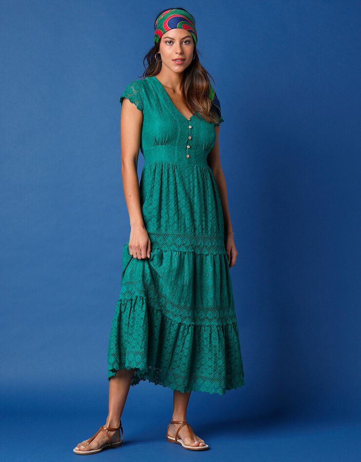 Robe longue col V dentelle macramé (vert)