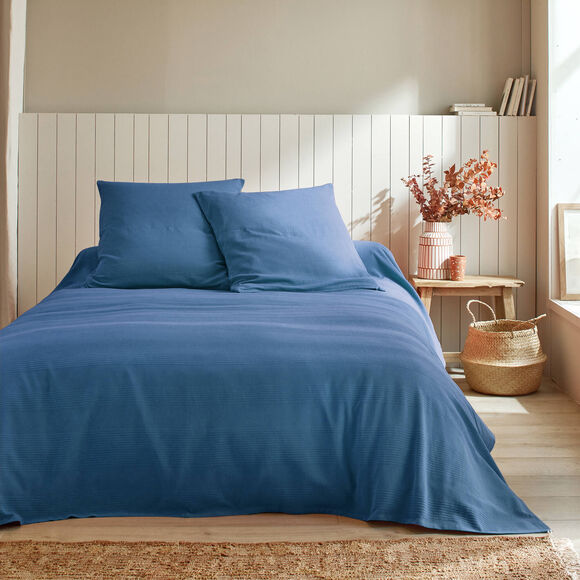 Jeté de lit uni tissé coton (bleu)