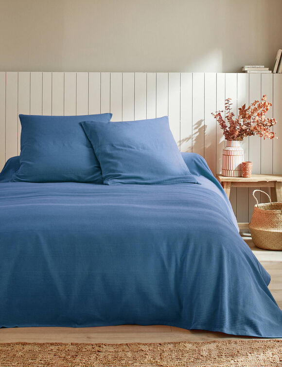 Jeté de lit uni tissé coton (bleu)