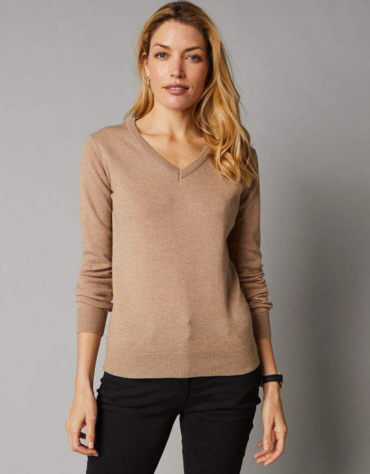 Pull col V, laine d'agneau (beige chiné) Pull col V, laine d'agneau (beige chiné)