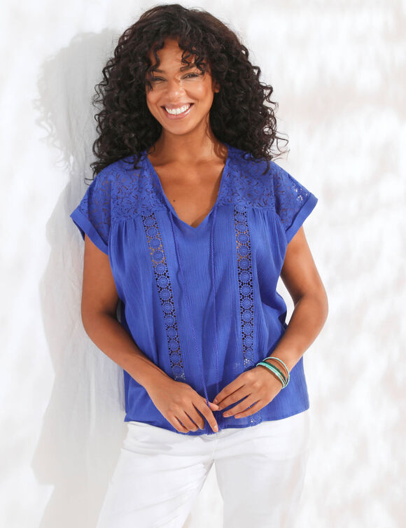 Tunique Blouse Blancheporte Motif Africain Bleu Ocre - Taille 48 - Viscose - Neuf Sans étiquettes