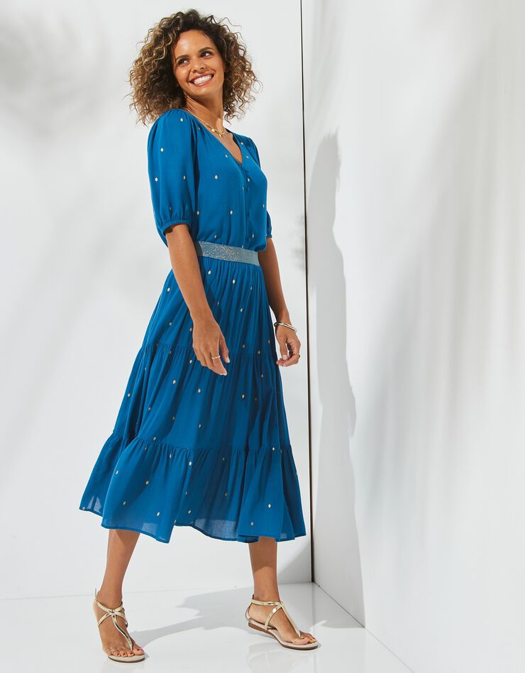 Blouse imprimé doré, crépon (bleu paon / doré) Blouse imprimé doré, crépon (bleu paon / doré)
