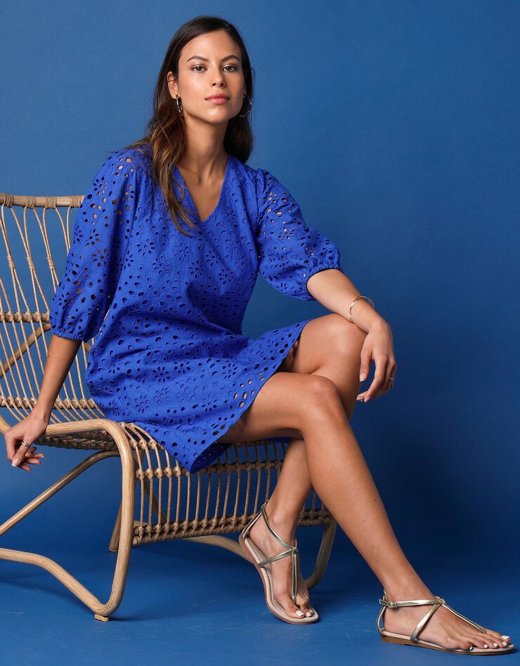 Robe broderie anglaise manches 3/4 (bleu)