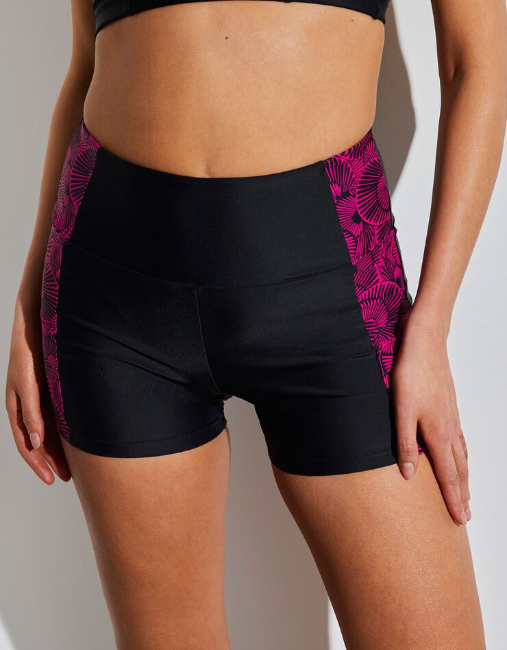 Short de bain taille haute imprimé (noir / fuchsia)
