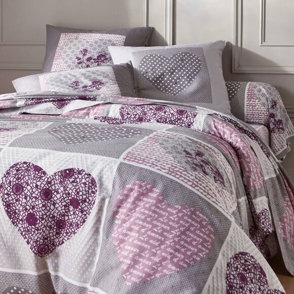 Linge de lit Lovely en flanelle imprimé coeurs  (gris / parme)
