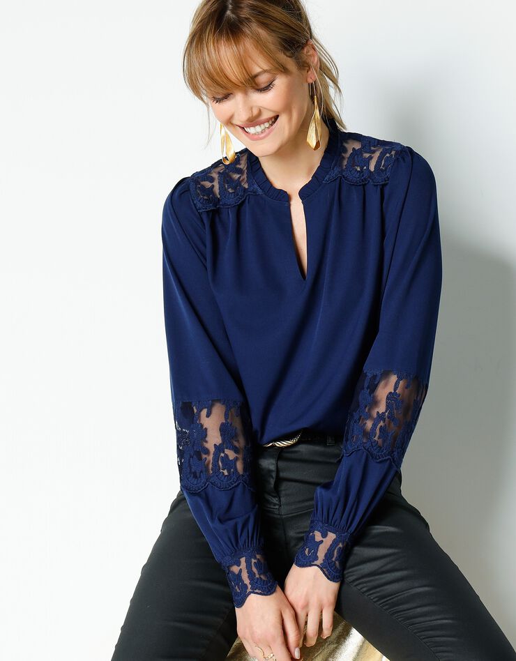Blouse dentelle manches longues blousantes (bleu nuit) Blouse dentelle manches longues blousantes (bleu nuit)