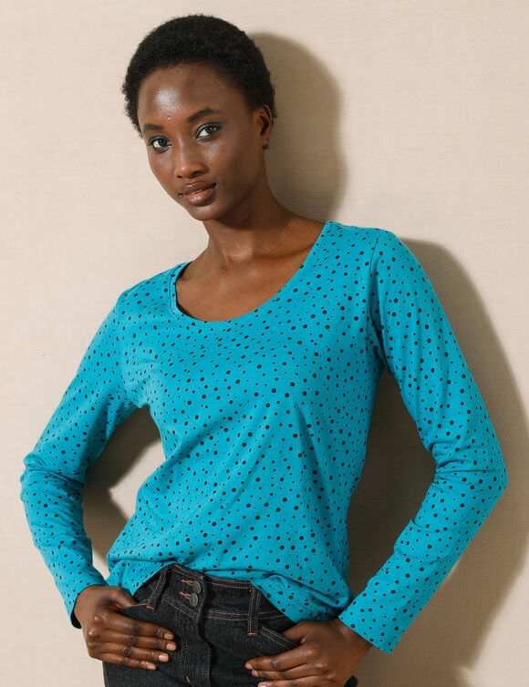 T-shirt imprimé pois en coton biologique(**) (bleu pétrole)