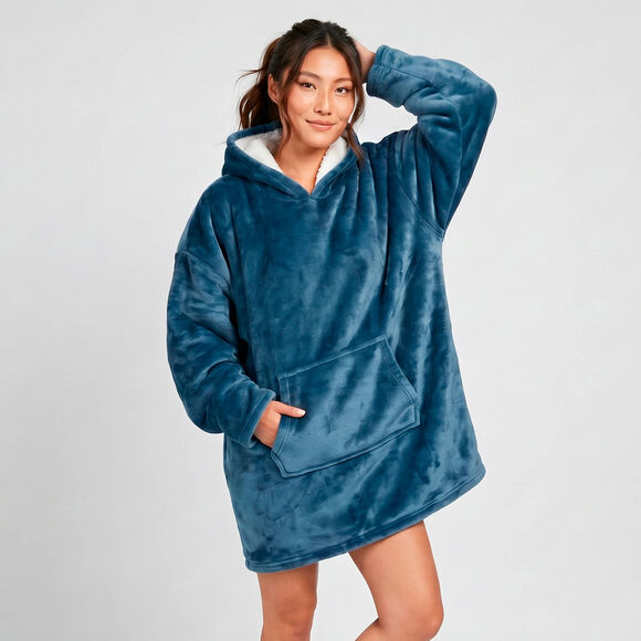 Plaid-sweat polaire &agrave; capuche doubl&eacute; sherpa (bleu gris&eacute;)