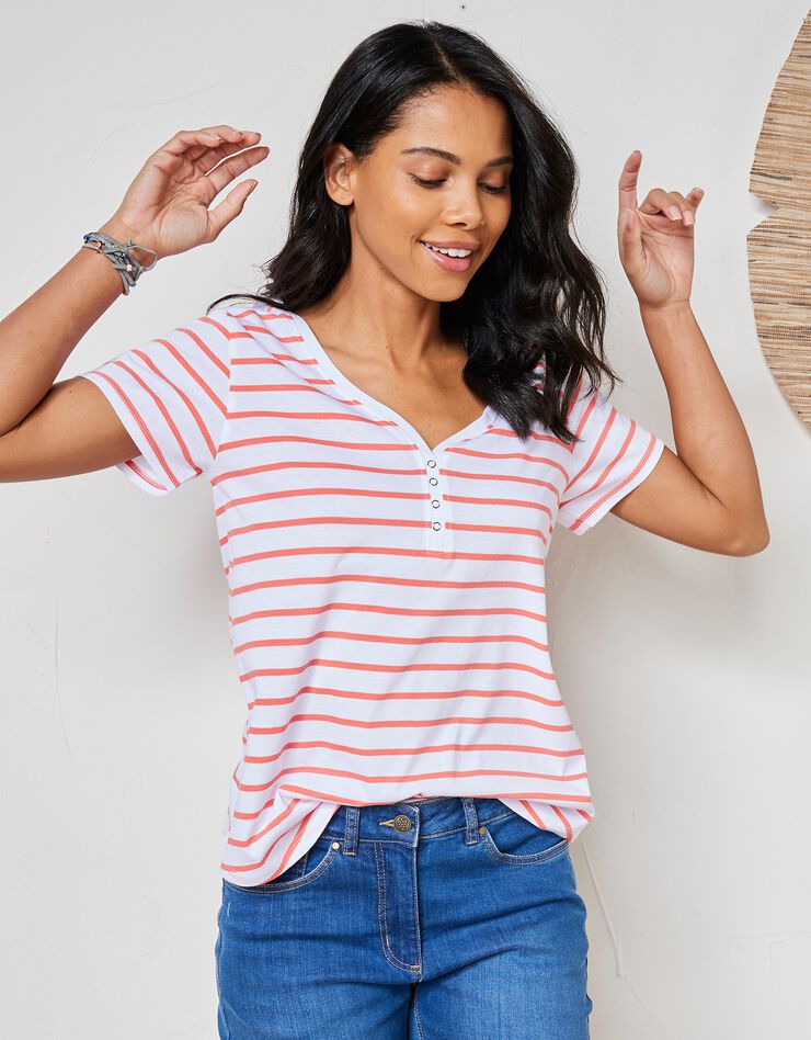 Tee-shirt col V rayé bicolore (blanc / corail) Tee-shirt col V rayé bicolore (blanc / corail)